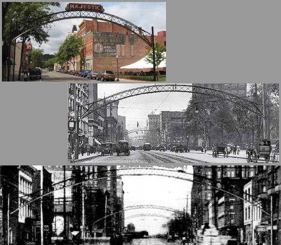 A comparison between Chillicothe's 2nd Street Arch, and two in Columbus: one probably on High Street, and a long one probably on Broad Street.