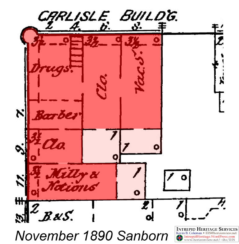 My color-coded crop of the November 1890 Sanborn Fire Insurance of of Chillicothe, showing the five-year-old Carlisle Building no. 2, occupying all of the tinted space shown in 1884.